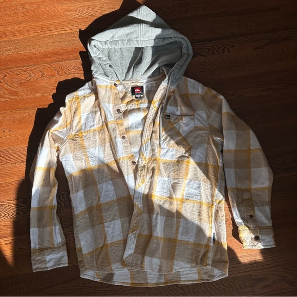 Quiksilver men’s yellow plaid hooded button down flannel size medium - Picture 1 of 7